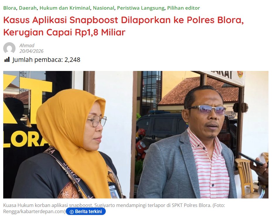 kabarterdepanID's tweet image. Kasus Aplikasi Snapboost Dilaporkan ke Polres Blora, Kerugian Capai Rp1,8 Miliar

kabarterdepan.com/kasus-aplikasi…

#KasusAplikasiSnapboost #PolresBlora #Penipuan #Blora #KabarTerdepan