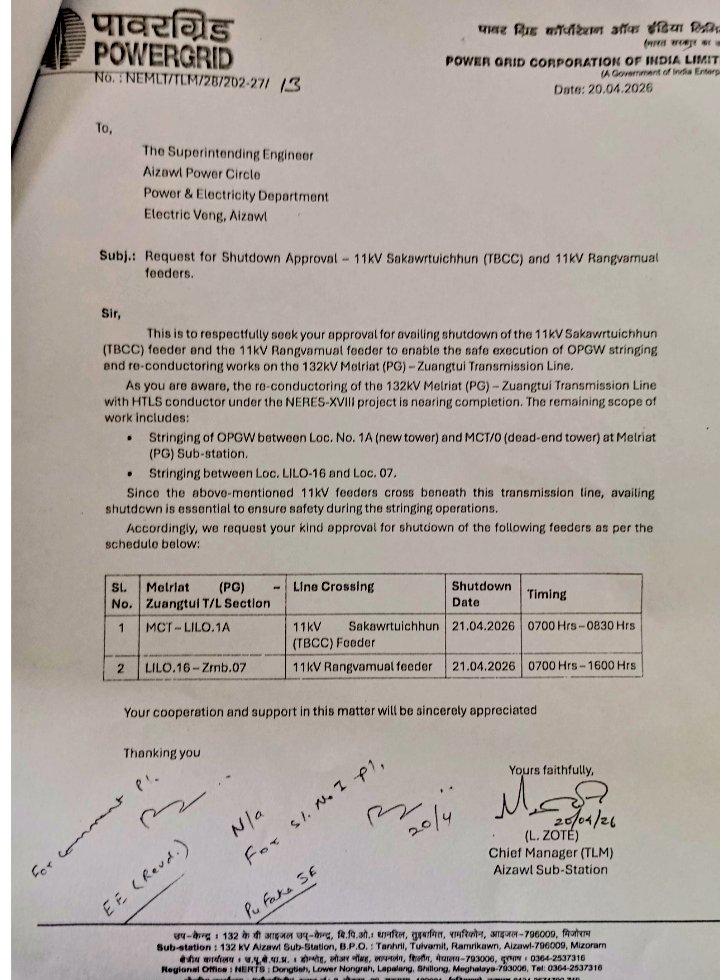 h_pongilath's tweet image. Power &amp;amp; Electricity Department - #Mizoram - #Shutdown - 21st April 2026
Approval of planned shutdown of 11kV #Sakawrtuichhun (TBCC) feeder on 21.04.2026