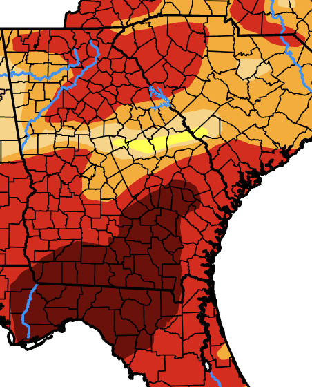 wildflowerstarr's tweet photo. also interesting in this immersion re: water- my home and also the place of my birth are both bright red, in "extreme draught" now. Fun note- the yellow part in the middle of GA -the ocean used to come up here. We found sharks' teeth at mines where my father worked. https://t.co/KZoZ1yxVDr