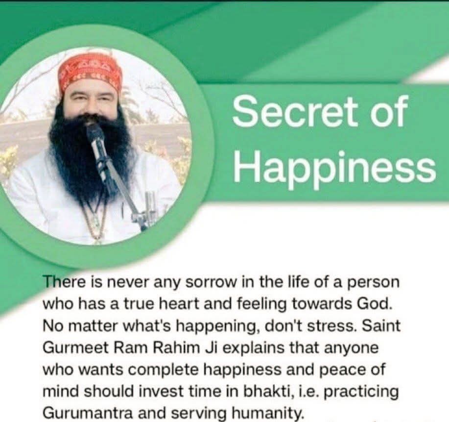 सच्ची खुशी को हम अंदर से मेहसूस कर सकते है इसे बाहर से खरीदा नहीं  सकते।Saint Gurmeet Ram Rahim Ji बताते हैं कि जीवन में यह सब हासिल करने के लिए मेडिटेशन का अभ्यास बहुत ज़रूरी है। यह मन को शांत करता है,  सकारात्मकता लाता है।यही असल में #SecretOfHappiness हैं।