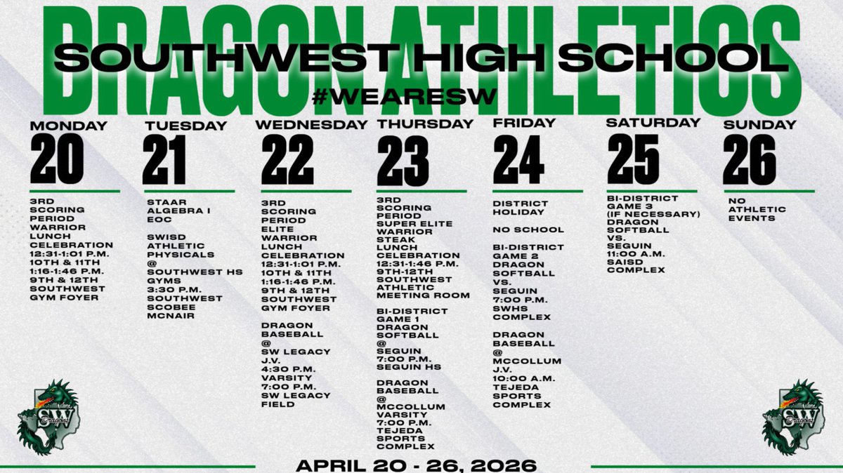 SASWAthletics's tweet photo. Dragon Nation...

It’s a busy four-day week for Dragon Athletics!

🩺 SWISD Athletic Physicals on Tuesday
⚾ Baseball wraps up district play
🥎 Softball begins Bi-District Playoffs Thursday vs. Seguin

Check out the Weekly Athletic Schedule for full details!

#WeAreSW https://t.co/kY68qgQlxq