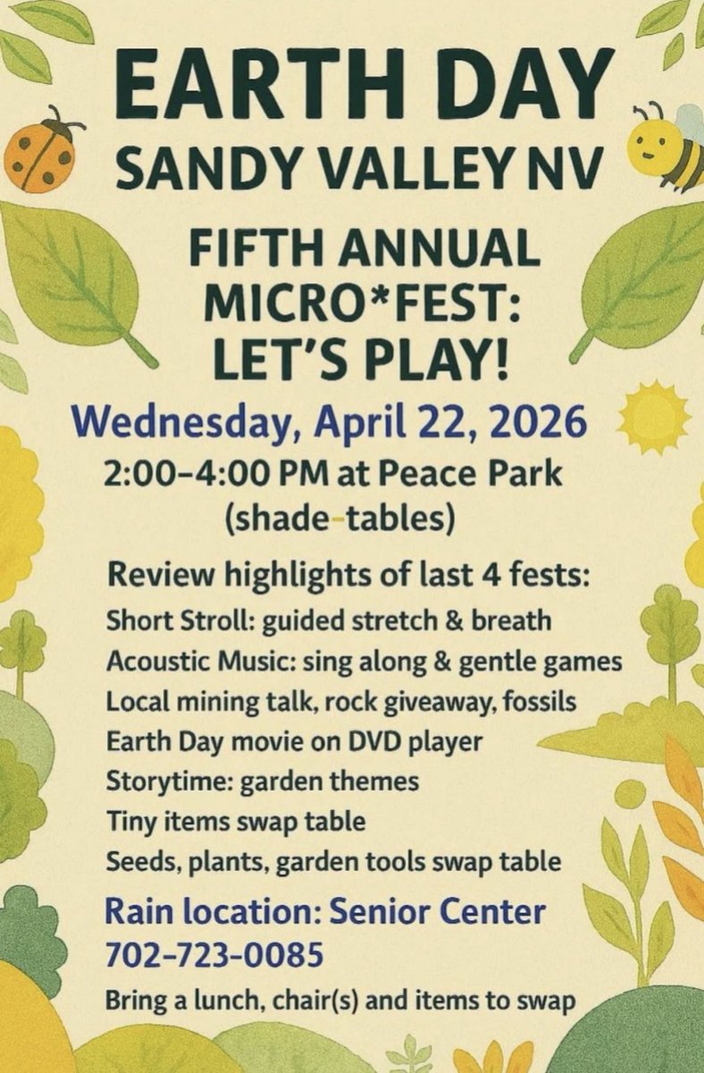 DangerousDeb's tweet image. Celebrate #EarthDay in Sandy Valley 🌎
🗓 April 22 | 2–4 PM 📍 Peace Park
Free, all-ages with a relaxed picnic vibe—bring a chair, swap items &amp;amp; your lunch 🧺♻️
Read @eatmoreartvegas  eatmoreartvegas.com/post/celebrate…
#EarthMonth #NevadaEvents #Sustainability #CommunityEvent #GoGreen