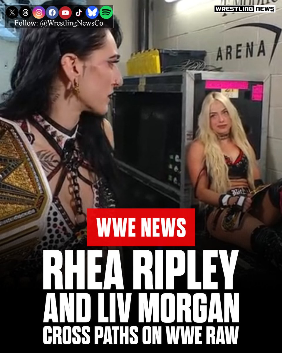 WrestlingNewsCo's tweet image. Liv Morgan and Rhea Ripley teasing something. Looks like a potential match for WrestleMania 43.

#WWE #WWERaw