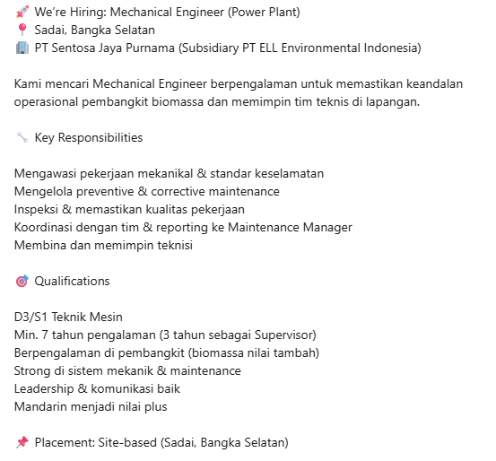 JangDongLove's tweet image. #Hiring Mechanical Engineer Power Plant
untuk yang berminat silahkan kirim cv ke
h.herlina@ellhk.com
n.bahamady@ellhk.com

tolong bantu share mincot @hrdbacot 
#lokercot #loker #mechanical #engineer #powerplant #bangka