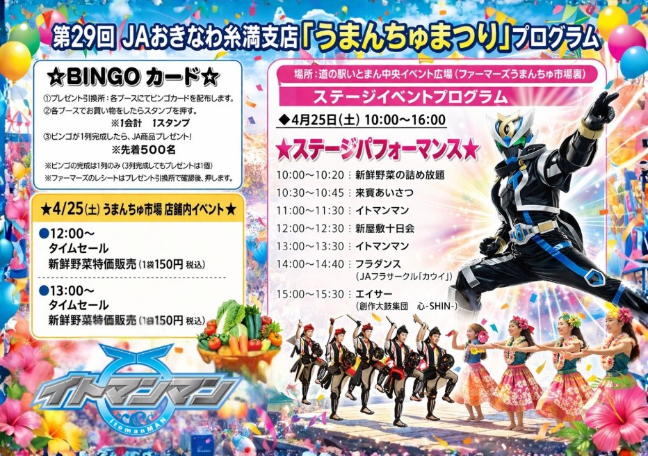 【あと4日】

4月25日（土）は道の駅いとまんで
第29回うまんちゅまつり開催！

イトマンマンは2回公演！
11:00〜 / 13:00〜 

入場無料！
ステージ、BINGO、出店、タイムセールもあるので、
チェックしてください！

#イトマンマン #糸満市のヒーローショー #うまんちゅまつり #道の駅いとまん #糸満