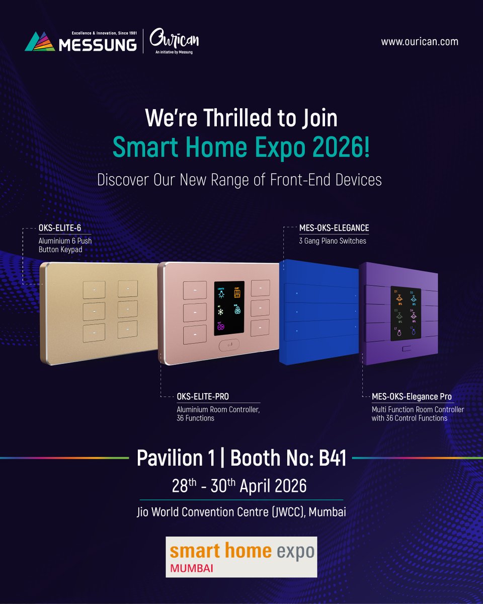 OuricanSolution's tweet photo. Get ready for Smart Home Expo 2026. Messung Ourican showcases cutting-edge KNX devices like MES-ELITE-PRO &amp; OKS series, built for style and intelligent control.
📍 JWCC Mumbai | Booth B41
#Ourican #Messung #SmartHomeExpo2026 #KNXAutomation https://t.co/ApuqA26bvR