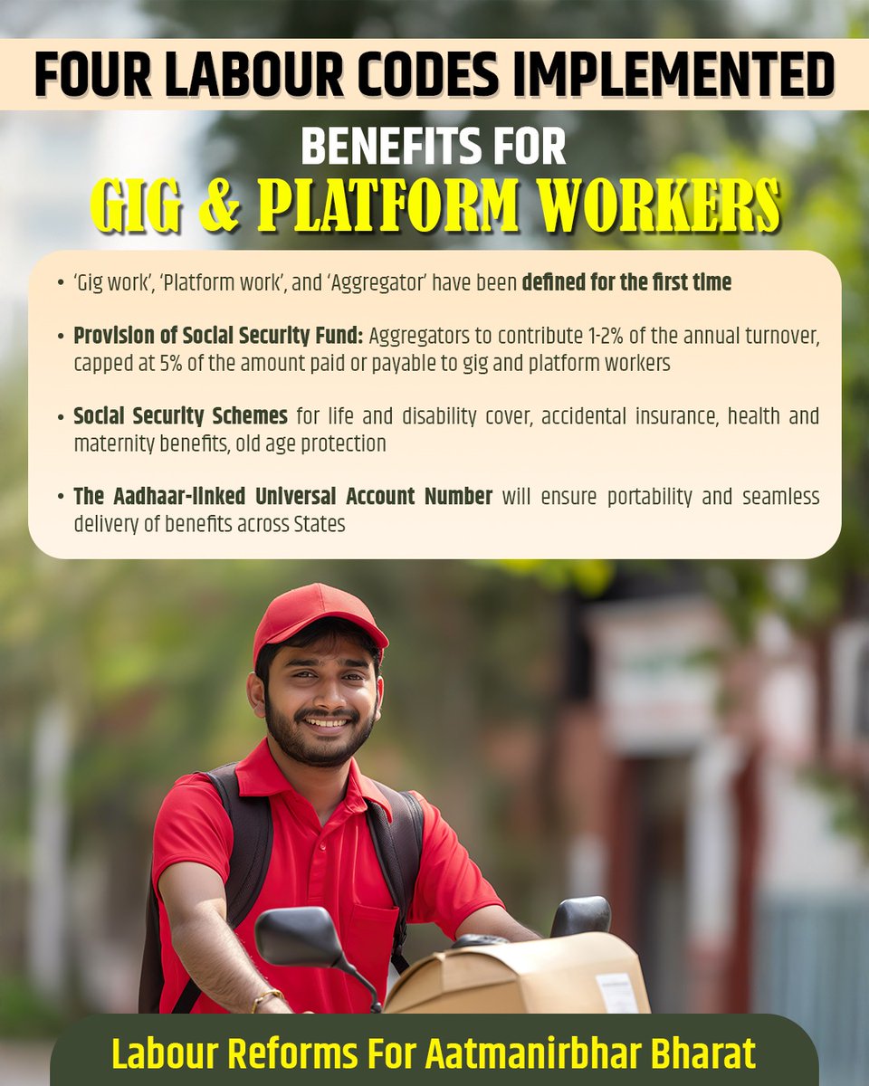 The Four Labour Codes, for the first time, formally define ‘gig work’, ‘platform work’ and ‘aggregator’, establish a Social Security Fund and extend welfare benefits to workers - including life and disability cover, health and maternity support. 

   #ShramevJayate #श्रमेव_जयते