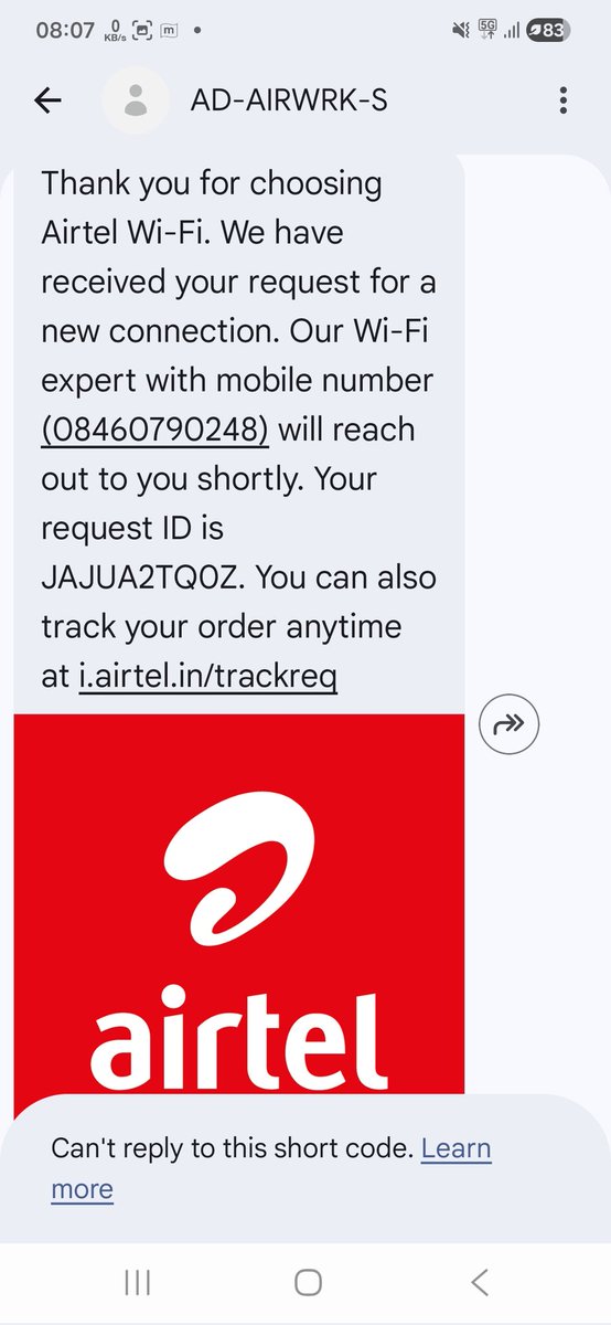 tariqm91's tweet photo. @Airtel_Presence @airtelindia 

PFA sms received for airtel one WiFi request  but I haven't raised any request from my airtel app &amp; I don't need it as well. 

Kindly cancel it immediately as I have activated DND as well to avoid unwanted calls from your representatives ! https://t.co/75CSIyLIKj
