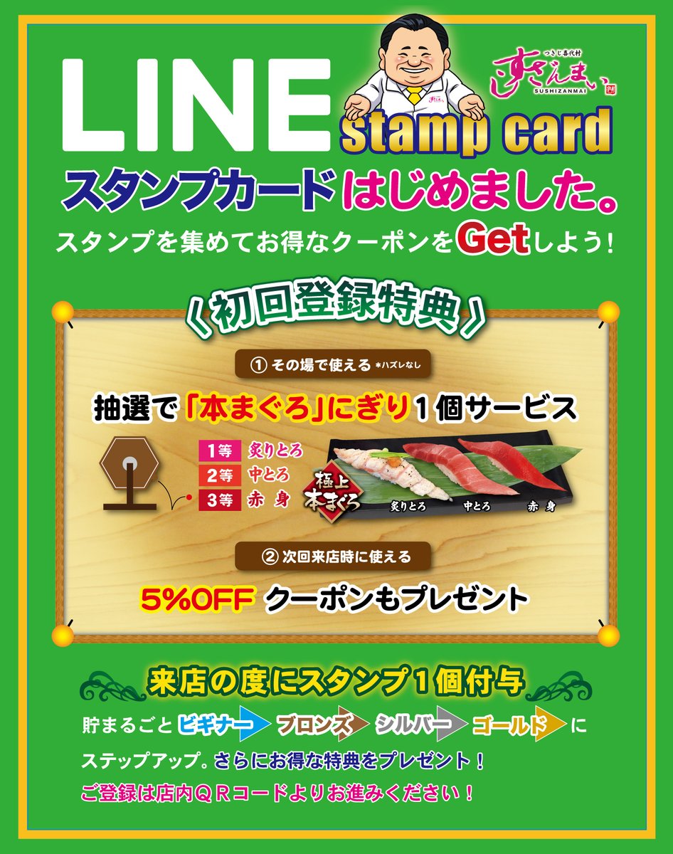zanmai_man's tweet image. ＼★LINEスタンプカードスタート！★／
来店ごとにスタンプGET✨
貯めるほどお得なクーポンがもらえる！

初回登録で全員に
「本まぐろ」＋「5％OFFクーポン」をプレゼント🎁

ランクアップするたびに特典もどんどん豪華に✨

▼お友達追加はこちらから
lin.ee/SAZkgn9

#すしざんまい　#LINE