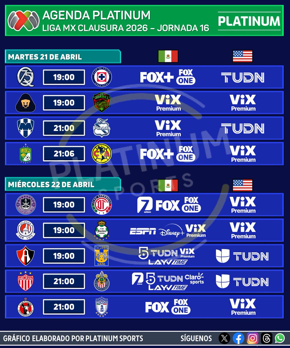 PlatinumSportMX's tweet photo. ¡LA AGENDA COMPLETA DE LIGA MX!

⚽️ #AgendaPLATINUM 
🇲🇽 #LigaBBVAMX Clausura 2026 - Jornada 16

⏰📺 Horarios y transmisiones para México y Estados Unidos.
⚠️ Sujeto a cambios. 

#Clausura2026 - #Jornada16 - #LigaMX https://t.co/86V0DrYVwx