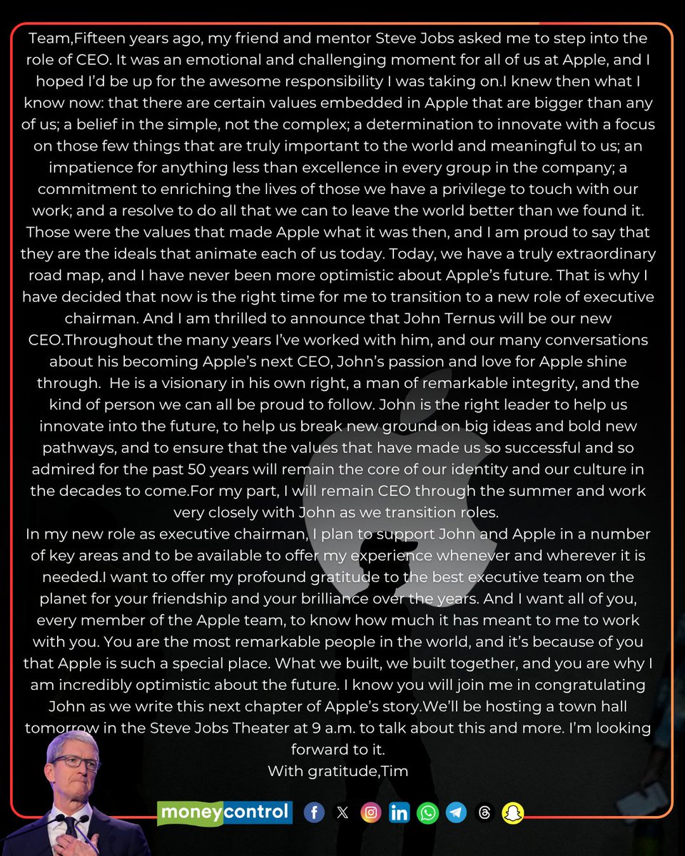moneycontrolcom's tweet image. 🚨 After tapping hardware chief John Ternus to succeed Chief Executive Officer Tim Cook as the iPhone maker’s leader, Apple Inc. sent memos to staff from both executives explaining the move.

Here's what he said ⤵️

#TimCook #Apple #JohnTernus