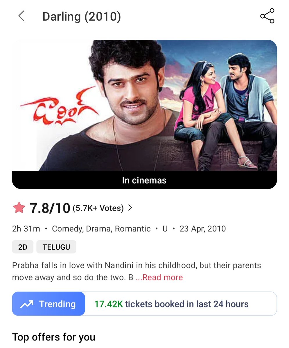 koti1177's tweet image. #Darling4K --- {Re-Release} Tickets booked on BookMyShow • 87K 🧨🔥

17 April ▪︎ 39.7K
18 April ▪︎ 16.1K
19 April ▪︎ 13.69K
20 April ▪︎ 17.42K

#DarlingReRelease On April 23 !! 💥

Rebel Star #Prabhas ❤️‍🔥 @MsKajalAggarwal @GVPrakash #Karunakaran @SVCCofficial @KedarFilms