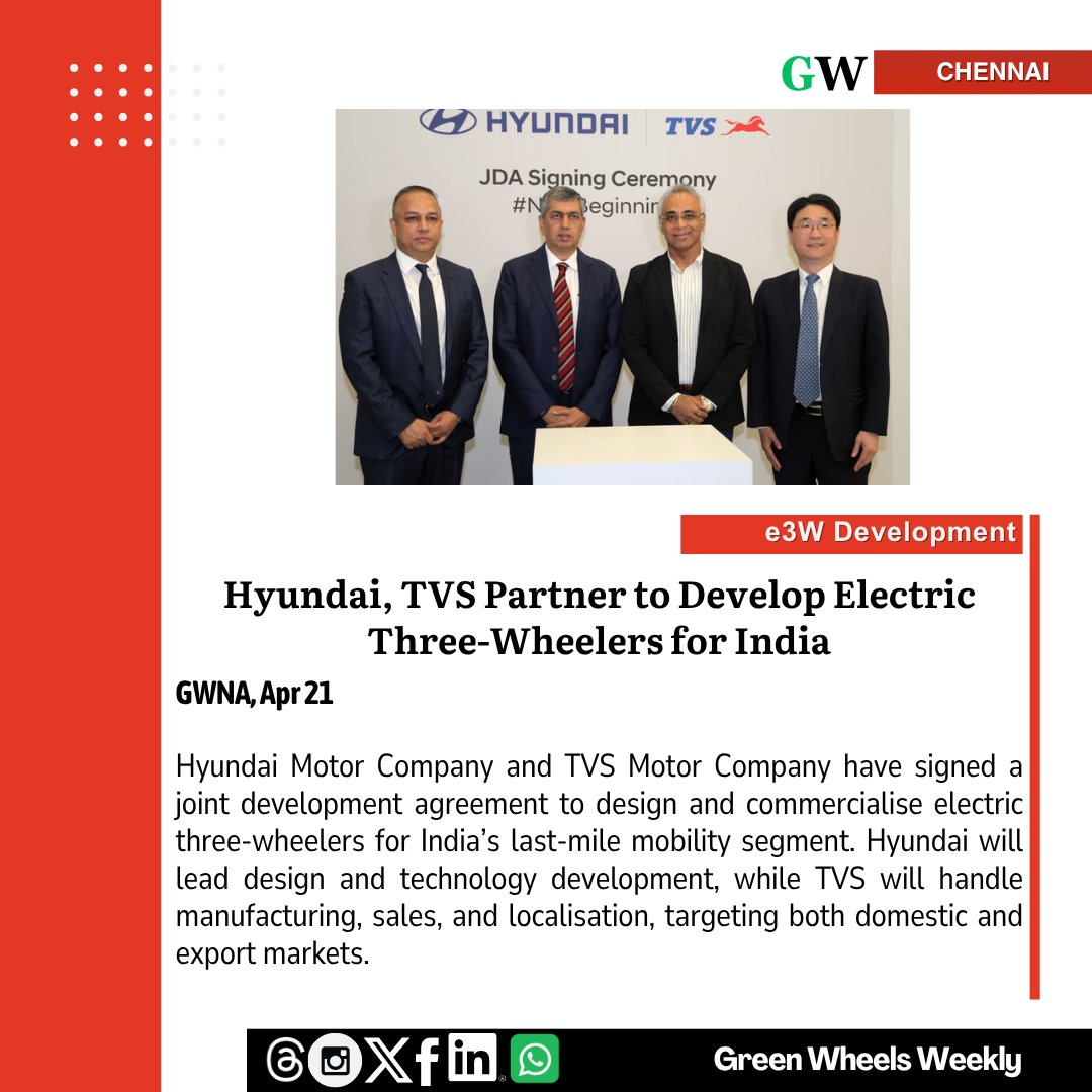 GreenWheels22's tweet image. Hyundai Motor Company and TVS Motor Company will co-develop electric three-wheelers for last-mile mobility. TVS will lead manufacturing and sales, while Hyundai focuses on design and technology.
#hyundaiindia #tvs #electricvehicles #evnews #evnewsindia