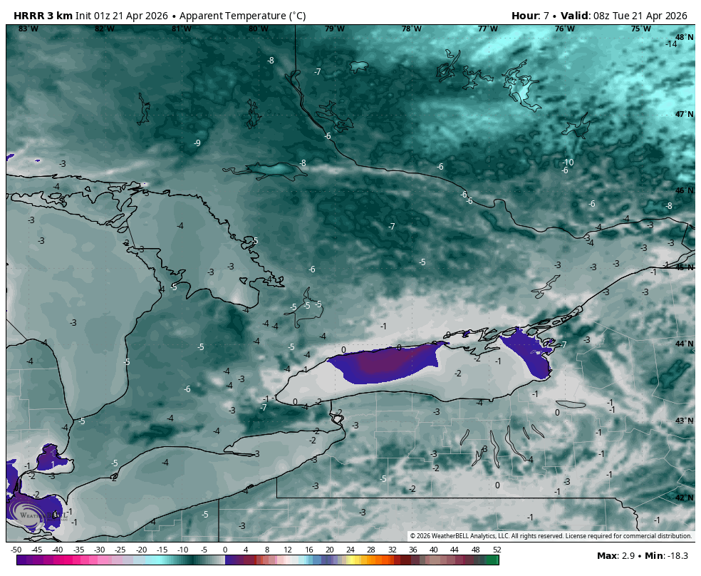 WxOntario1's tweet image. Another cold night ahead across Southern #Ontario 🥶 

Temps look to bottom out between 0C and -5C, windchill values a touch colder

Last cold night for a while as a warming trend begins

We aren't out of the woods for hard freezes/ frosts just yet...

#OnWX #ONStorm