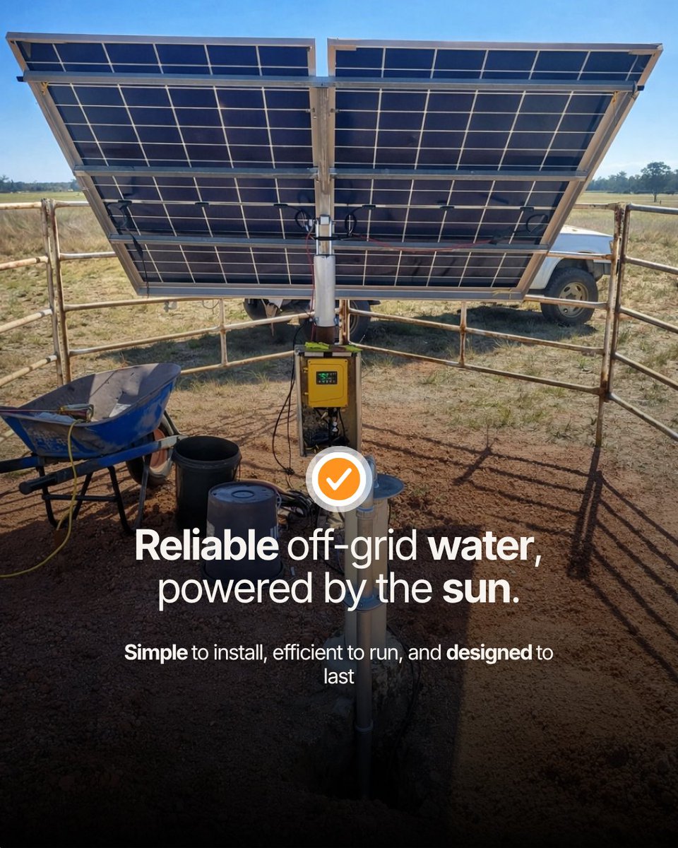 outbacksp's tweet image. No fuel. No power bills. No stress.

Just reliable water — powered by the sun ☀️💧

Built for tough Australian conditions and designed for simple DIY install.

📩 DM us to find the right system for your setup

#solarpump #offgridliving #australianfarming #rurallife #outback
