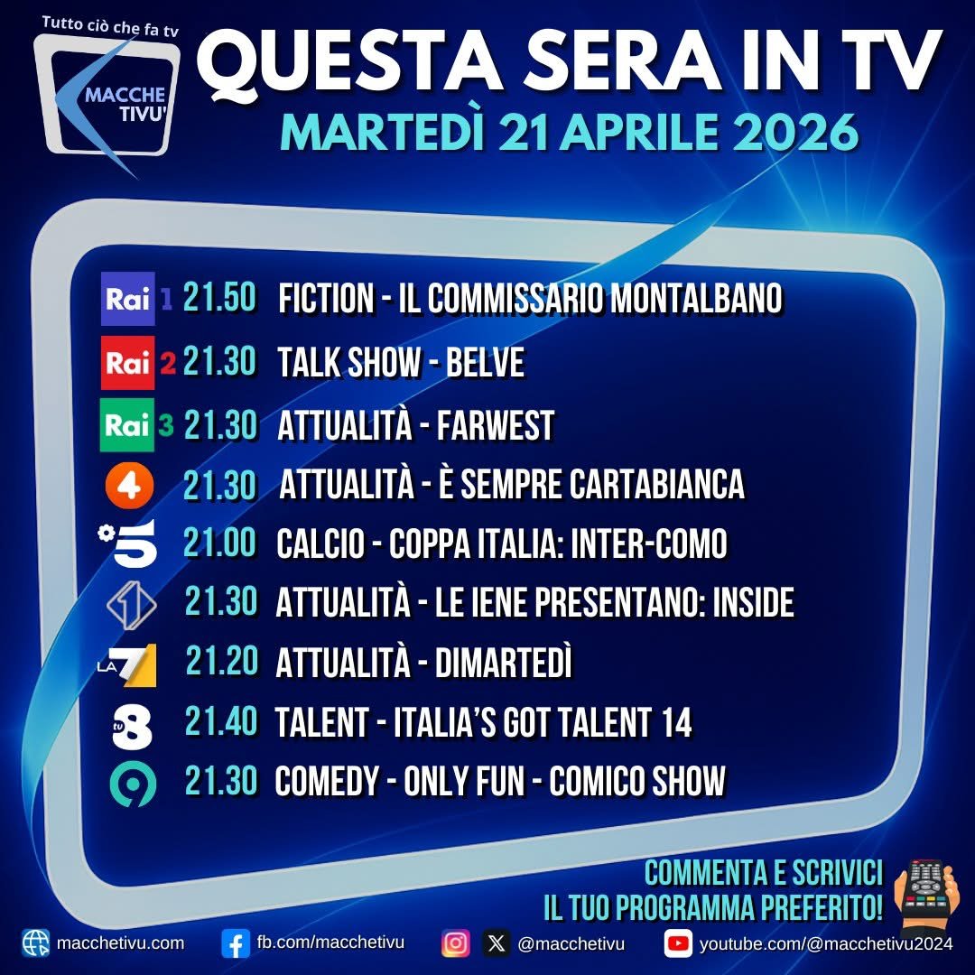 macchetivu's tweet image. 📺 Cosa guarderete in TV stasera?
Diamo un’occhiata 👀 ai primi nove canali e scegliamo dove fare zapping.
Buona visione! 🍿

#StaseraInTV #guidatv #tv #martedì #montalbano #belve #farwest #cartabianca #intercomo #inside #dimartedì #igt14 #onlyfun #maccheguida
