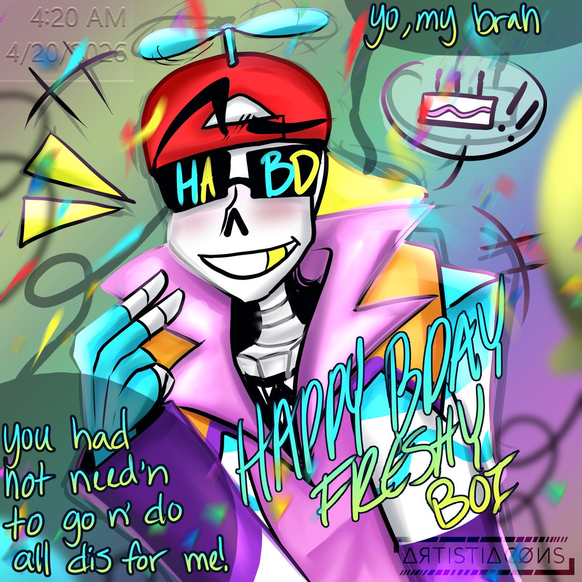 ArtistiaCons's tweet image. My ass forgot to post it here 💀Anyways, like I said elsewhere HAPPY BIRTHDAY FRESH

[ #FreshSans #Fresh #Undertale #UTAU #ArtistiaCons2026 ]