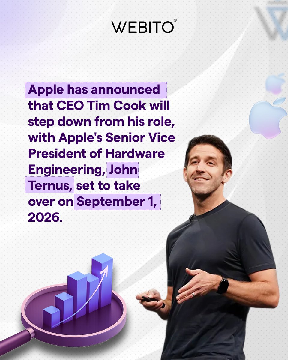 WebitoAI's tweet image. Leadership Change at Apple

Tim Cook to step down, with John Ternus set to take over as CEO from September 1, 2026.

#Apple #TechNews #Leadership