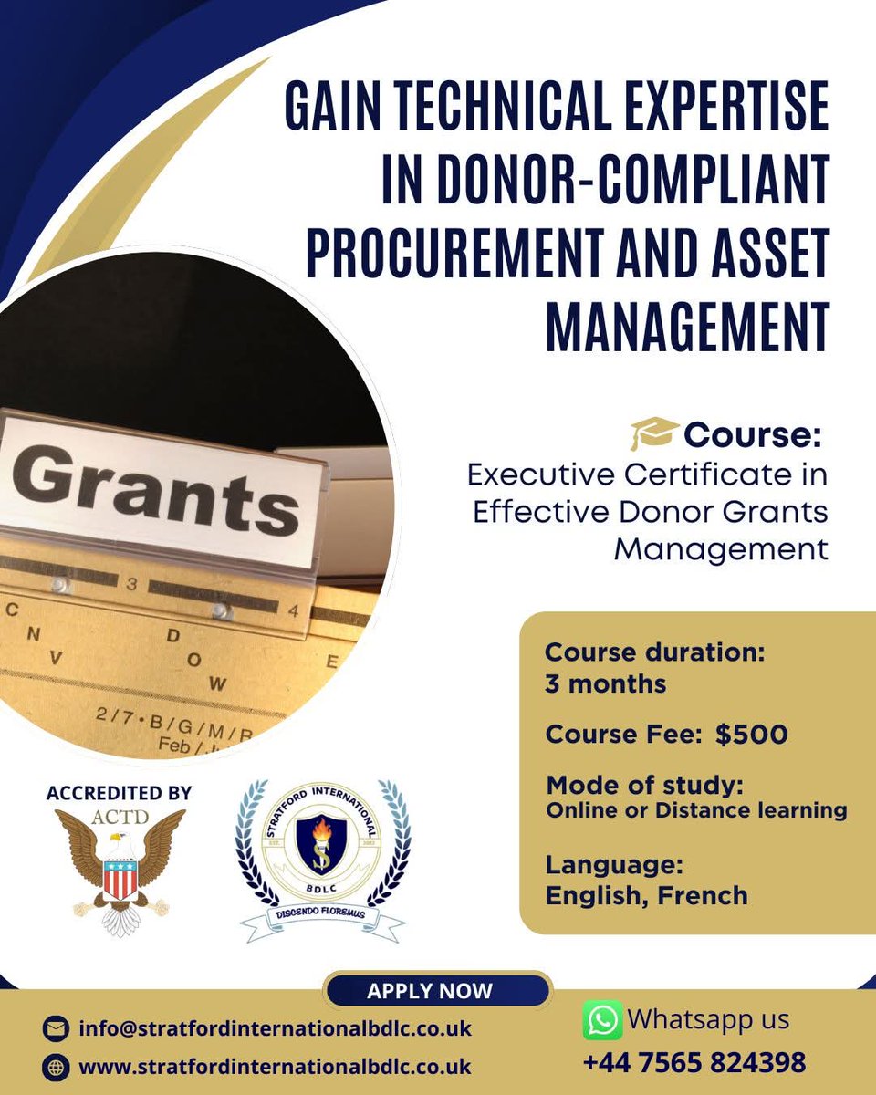 Stratfordbdlc's tweet image. Our Executive Certificate in Effective Donor Grants Management provides the technical roadmap to 100% donor compliance.

Contact us to enroll.
Whatsapp: +44 7565 824398
📩 Email: info@stratfordinternationalbdlc.co.uk
💻 Website: stratfordinternationalbdlc.co.uk

#GrantsManagement