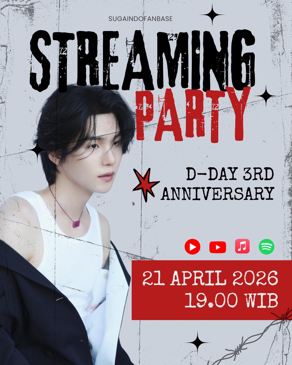 SUGAIndoFanbase's tweet photo. 📢MEMANGGIL SELURUH ARMY dan SUGA bias !

Mari kita rayakan D-DAY 3RD ANNIVERSARY 🥳
🗓 Selasa, 21 April 2026
• Mass Trending : 18.00 WIB
• Mass Streaming : 19.00 WIB

Siapkan akun streaming kalian👏

D-DAY GOOD DAY
#3YearsWithDDAY
#SUGA #방탄소년단슈가 #AgustD #슈가 https://t.co/1tsOJNbpYq
