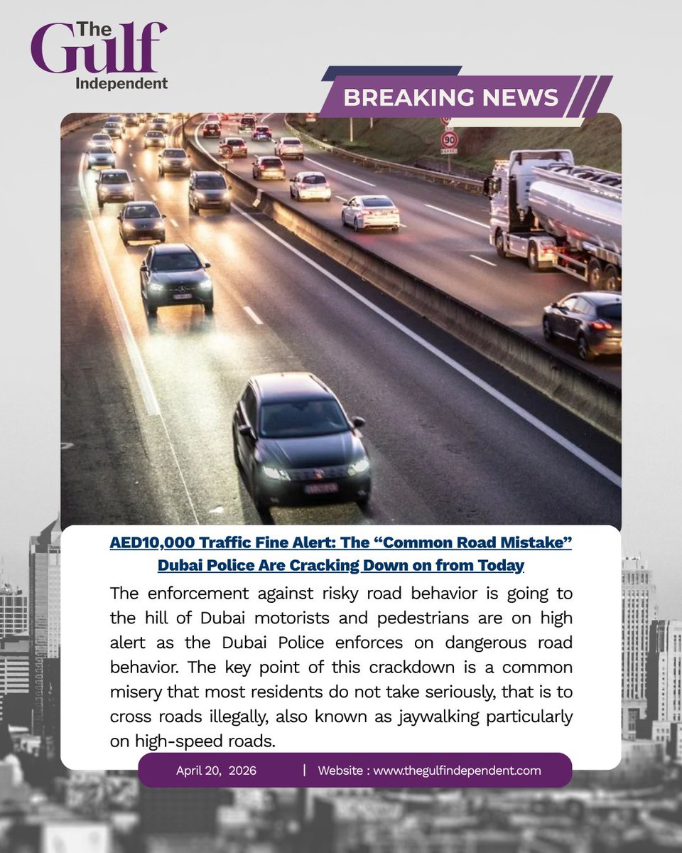 IndependentGulf's tweet image. Dubai Police roll out stricter enforcement TODAY targeting illegal road crossing

Fines could reach AED10,000 for violations on high-speed roads.

Authorities say this “common mistake” is costing lives.

#Dubai #UAE #RoadSafety #TrafficAlert #Jaywalking #BreakingNews