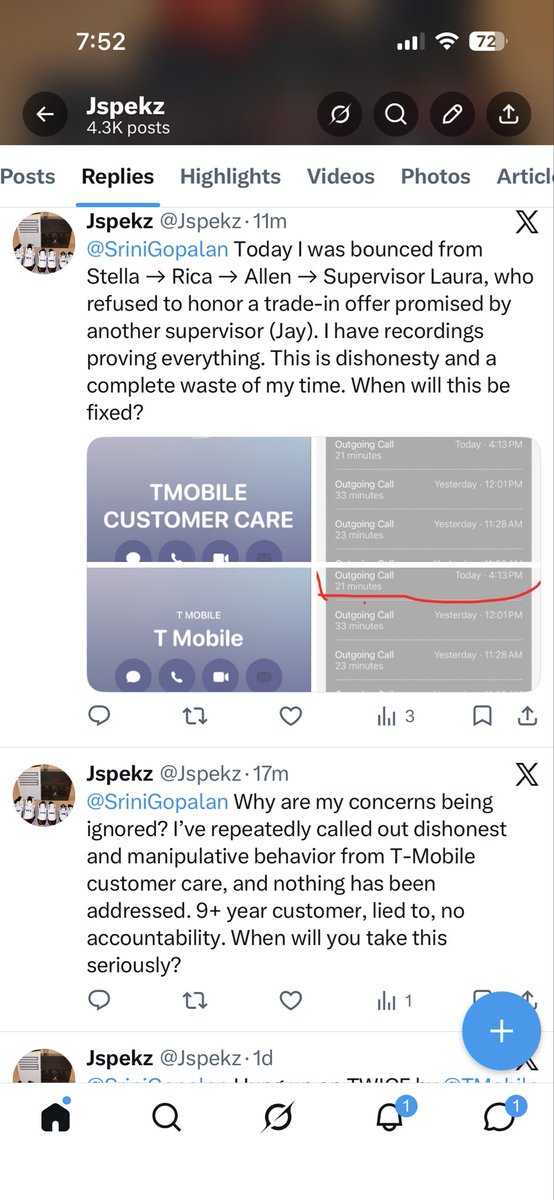 Jspekz's tweet photo. @SriniGopalan Attached are screenshots of all my tweets from 04/03/26 to today—completely overlooked. After 9+ years with T-Mobile, I’ve been mishandled, misled, and promised a trade-in offer that was never available. This is unacceptable. Review and respond. https://t.co/HapTp5dhRU