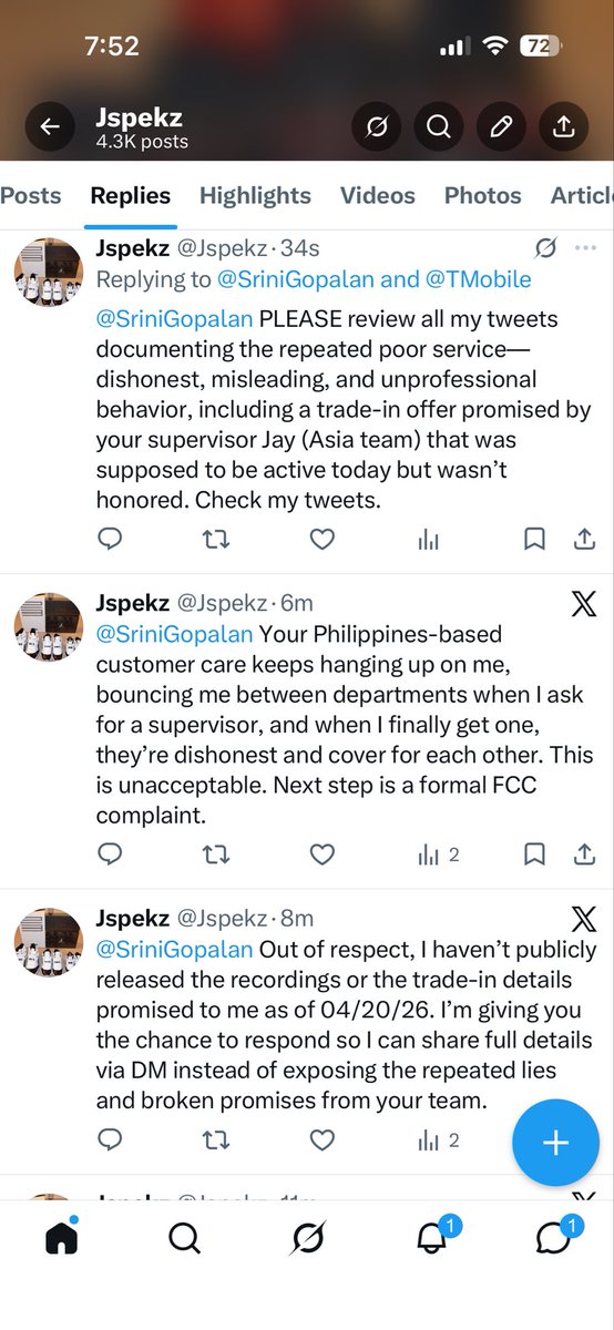 Jspekz's tweet photo. @SriniGopalan Attached are screenshots of all my tweets from 04/03/26 to today—completely overlooked. After 9+ years with T-Mobile, I’ve been mishandled, misled, and promised a trade-in offer that was never available. This is unacceptable. Review and respond. https://t.co/HapTp5dhRU