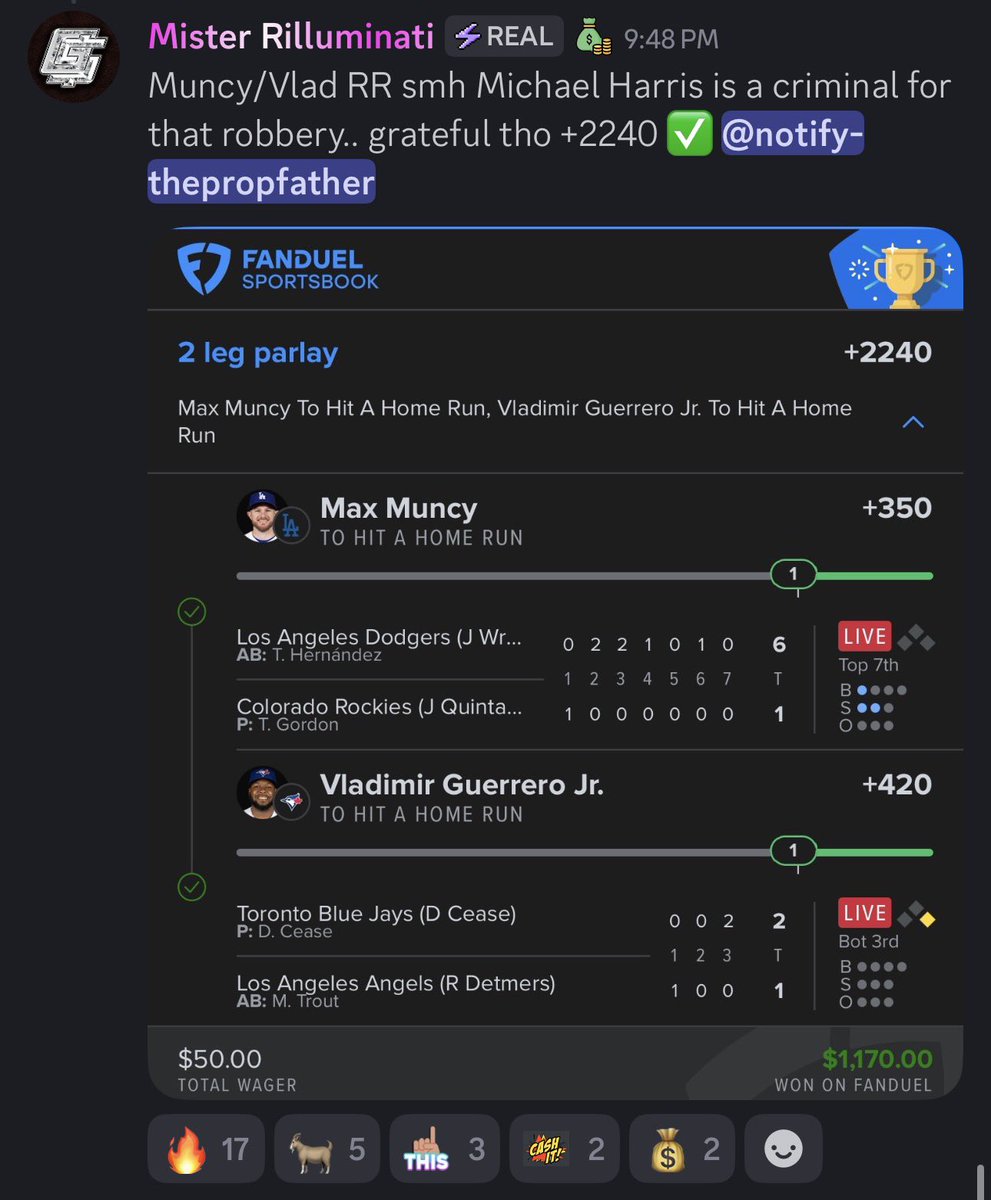 GoldBoys's tweet photo. Cash the +2240 MLB Combo for @The_PropFather &amp; @MisterRill 🔥

$50 ➡️ $1,170 💸

Tap in! 👉 https://t.co/ChgX7UxU00 https://t.co/QsCy8OUDKC