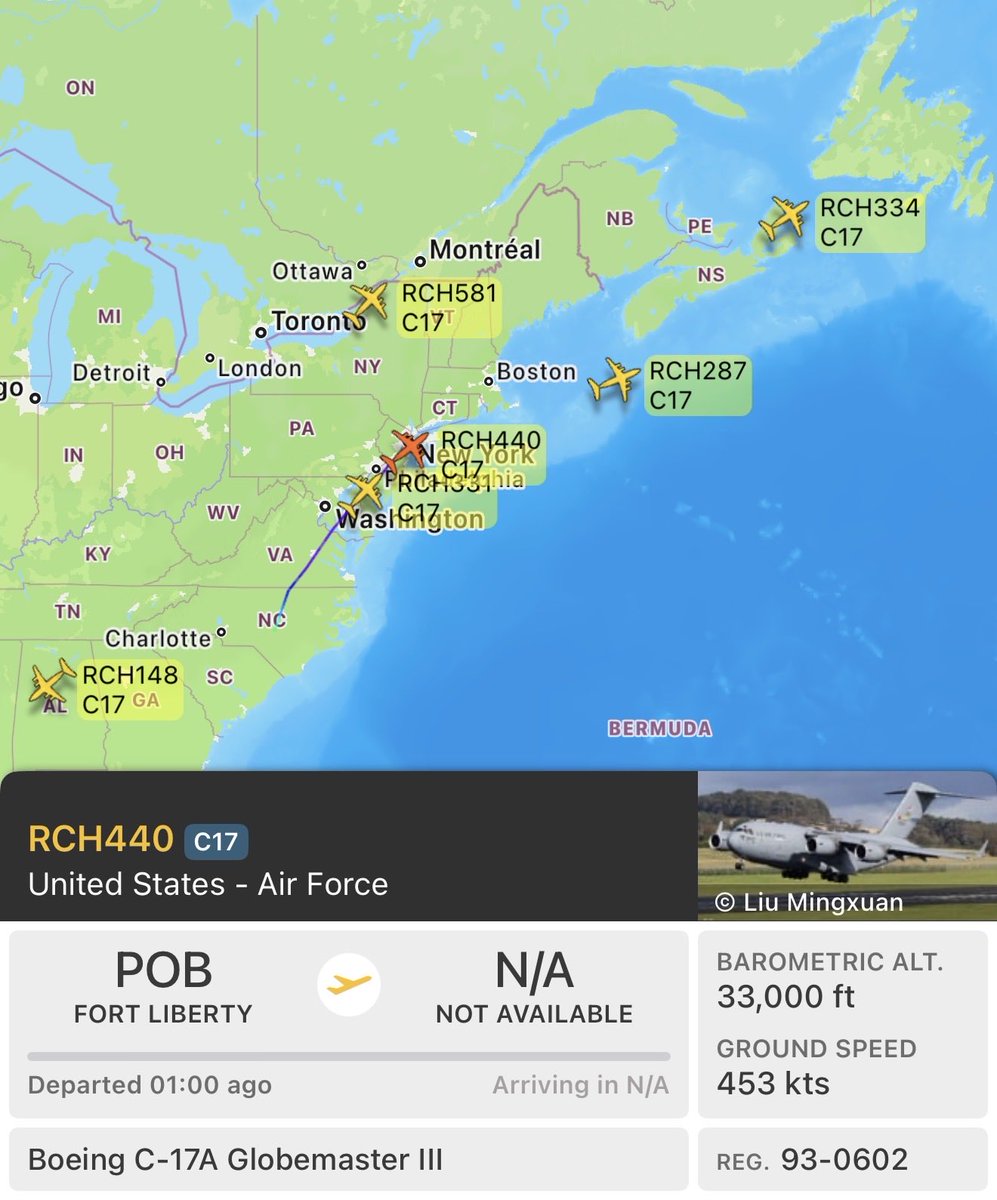 Five USAF C-17s heading across the pond.  Two of them are out of Pope Army Airfield.  Elements of the 82nd Airborne Division likely on the move.
