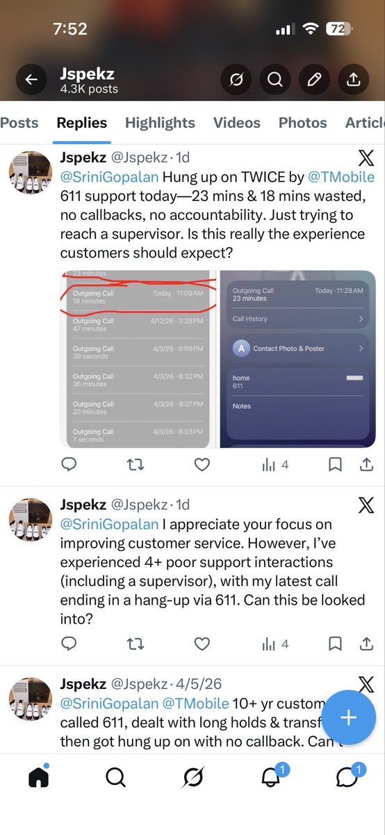Jspekz's tweet photo. @SriniGopalan @TMobile @SriniGopalan Attached are screenshots of all my tweets from 04/03/26 to today—completely overlooked. After 9+ years with T-Mobile, I’ve been mishandled, misled, and promised a trade-in offer that was never available. This is unacceptable. Review and respond. https://t.co/ptdvOC1SN7