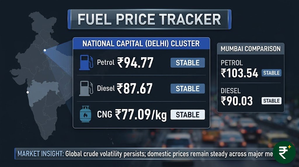 rozkabhav's tweet image. Fuel prices in India stay steady today, Feb 18, 2026. In Delhi, Petrol is ₹94.77/L, Diesel ₹87.67/L, and CNG ₹77.09/kg. Mumbai rates remain higher with Petrol at ₹103.54 and Diesel at ₹90.03. Slight dips seen in Patna and Pune. #FuelPrice #PetrolDieselPrice #India #rozkabhav
