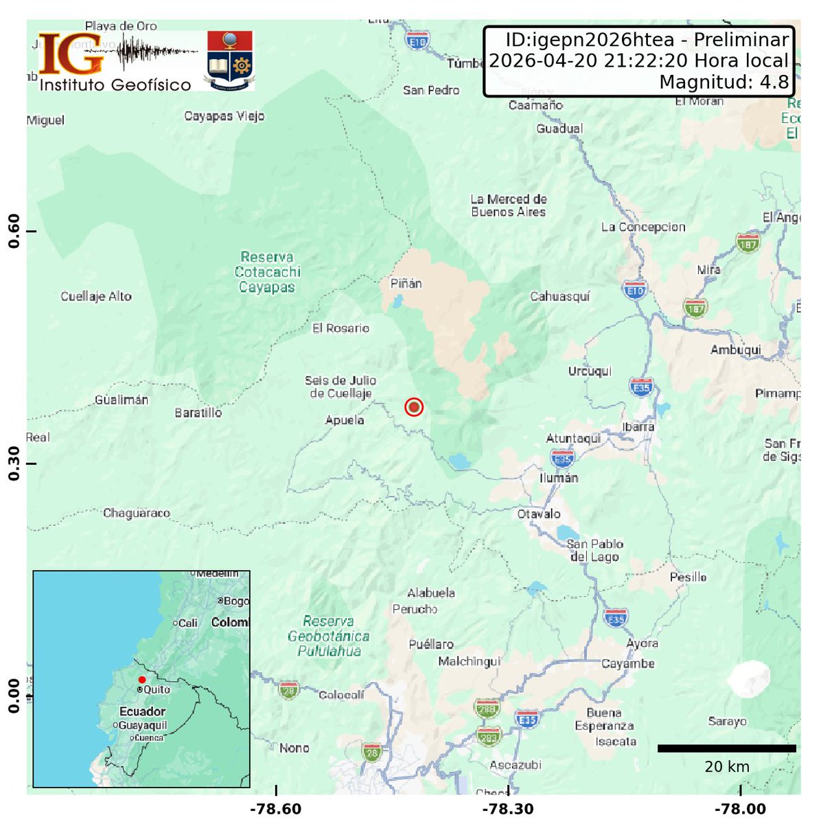 #AHORA | ¡Sismo en el norte de Ecuador! 🚨 El Instituto Geofísico de la Escuela Politécnica Nacional informa de manera preliminar sobre un sismo de magnitud  4.8 registrado hace pocos minutos con epicentro a 18.92 km de Cotacachi, Imbabura.