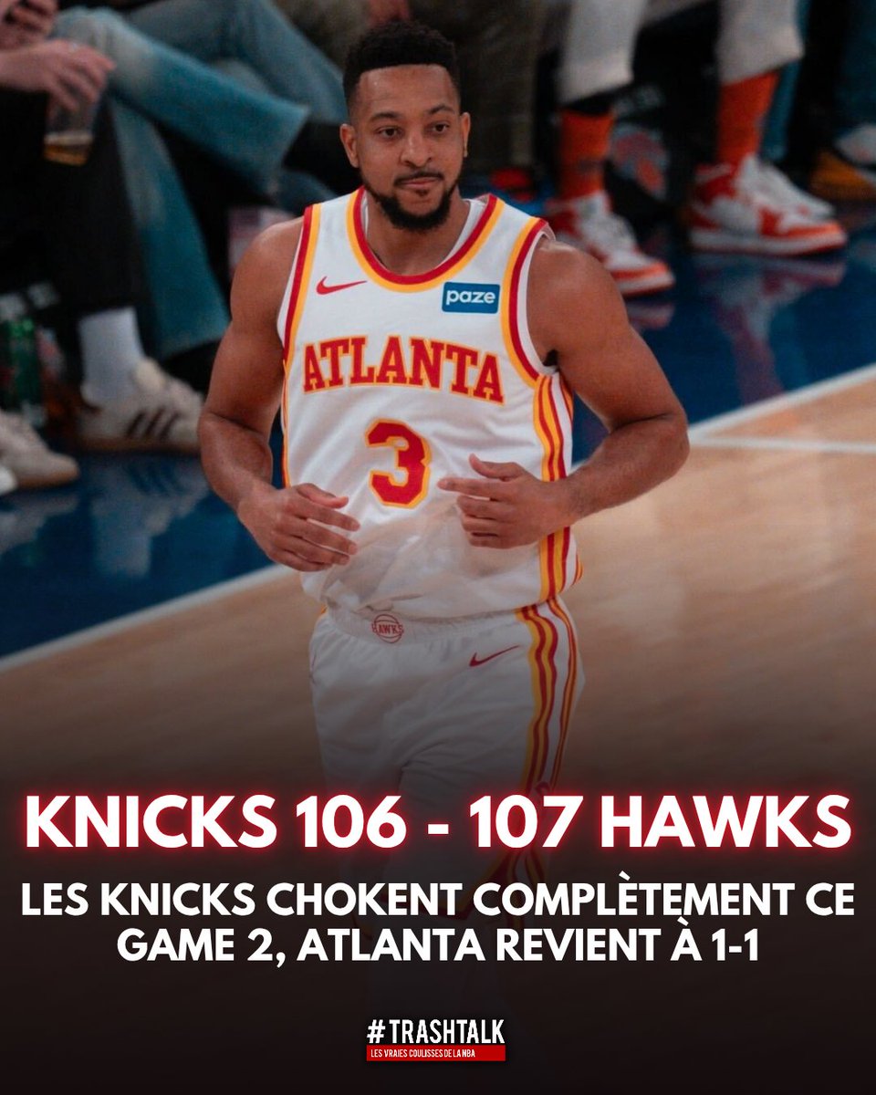 TrashTalk_fr's tweet photo. SCORE FINAL, 106-107 POUR LES HAWKS !!! 

Alors que New York a mené pendant toute la rencontre, les Faucons ont sorti un dernier quart de l'espace (28-15) pour l'emporter dans les derniers instants.

CJ McCollum a été impérial avec 32 points et un énorme money-time. Juste ce qu'il faut pour devenir le nouvel ennemi juré du Garden.

1-1 donc dans la série avant de basculer à Atlanta pour les matchs 3 et 4. Ça prend un nouveau tournant cette histoire !