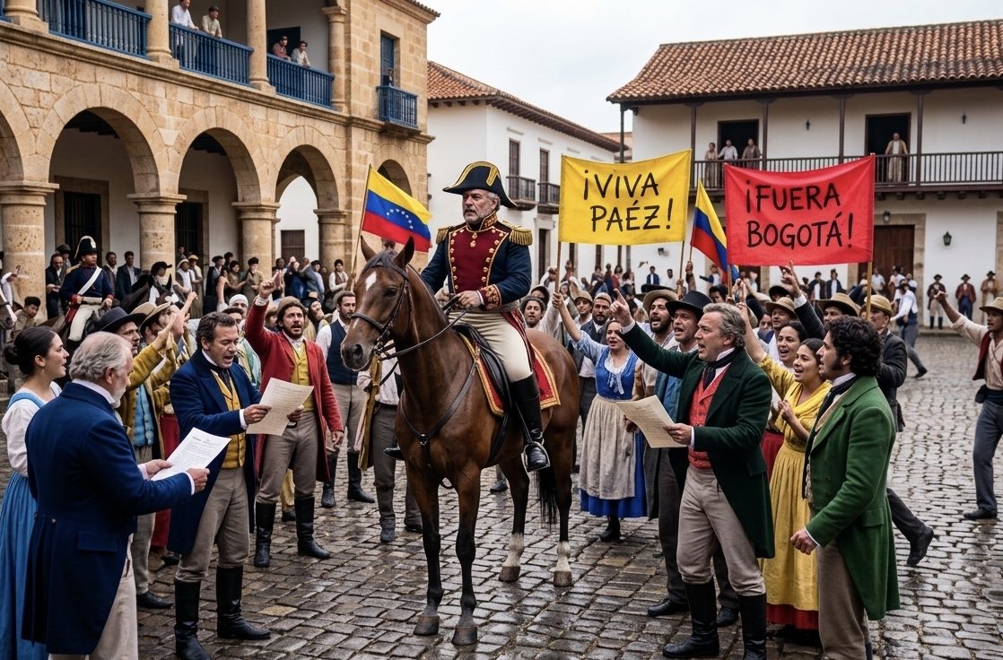 La Cosiata y la Angustia de una Nación. Crisis de Identidad. La Cosiata, estallada en Valencia el 30 de abril de 1826, expresó una fractura interior de la Gran Colombia. Venezuela sentía que las decisiones surgían desde Bogotá, lejos de su realidad. #UrgeEleccionesEnVenezuela
