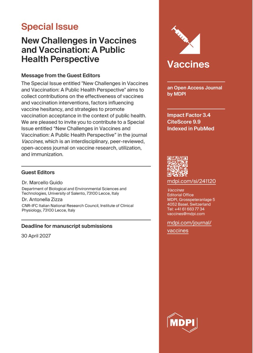 Vaccines_MDPI's tweet image. 📢 Special Issue extension: New Challenges in Vaccines and Vaccination: A Public Health Perspective

⏳ New deadline: 30 April 2027
🔗brnw.ch/21x1M3r

#Vaccines #PublicHealth #Vaccination #OpenAccess #MDPI