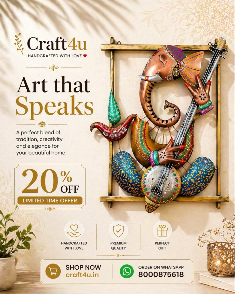 craft4uofficial's tweet image. 🎨 Art that speaks… not just decor ❤️

Upgrade your walls with this premium handcrafted wall décor ✨

🏡 Perfect for home &amp;amp; gifting
⚡ 20% OFF – Limited time

🛒 craft4u.in
📲 WhatsApp: 8000875618

#Craft4u #WallDecor #Handicraft #HomeDecor #IndianArt #MadeInIndia