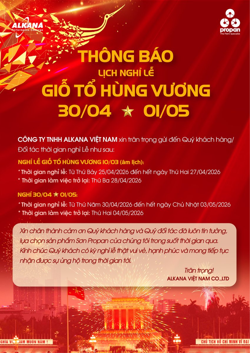 Alkanacoating's tweet photo. 𝐂𝐎̂𝐍𝐆 𝐓𝐘 𝐓𝐍𝐇𝐇 𝐀𝐋𝐊𝐀𝐍𝐀 𝐕𝐈𝐄̣̂𝐓 𝐍𝐀𝐌 xin trân trọng gửi đến Quý khách hàng/ Đối tác thời gian nghỉ Lễ như sau:
𝐀𝐋𝐊𝐀𝐍𝐀 𝐕𝐈𝐄̣̂𝐓 𝐍𝐀𝐌 𝐂𝐎.,𝐋𝐓𝐃.
𝐖𝐞𝐛𝐬𝐢𝐭𝐞: https://t.co/bGhYvlTT8f
#alkanacoating #congtysonalkana #songo #sonnoithat https://t.co/JKkTN7wKJh