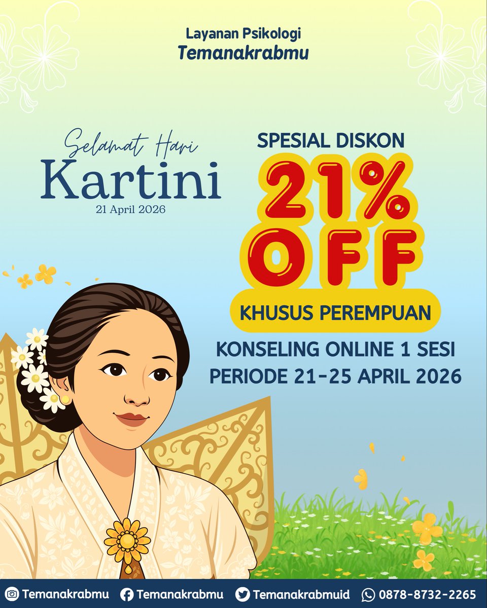 temanakrabmuid's tweet photo. Selamat Hari Kartini ✨

Untuk merayakannya Temanakrabmu memberikan spesial diskon 21% khusus untuk perempuan yang ingin melakukan konseling online dengan layanan kami.

Informasi selengkapnya hubungi Whatsapp dengan klik link di bio kami🩵 https://t.co/mhJ1e4hSWU