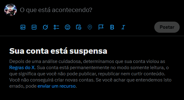 Minha conta <a href="/anarcodan/">Dan 🐍🇧🇷</a> foi suspensa permanentemente, voltei pra essa conta que costumava usar quando a outra tomava ban, estou recorrendo para recuperar a conta porque acredito ter sido um engano

Peço ajuda de vocês dando um RT aqui pra eu conseguir pelo menos me conectar com