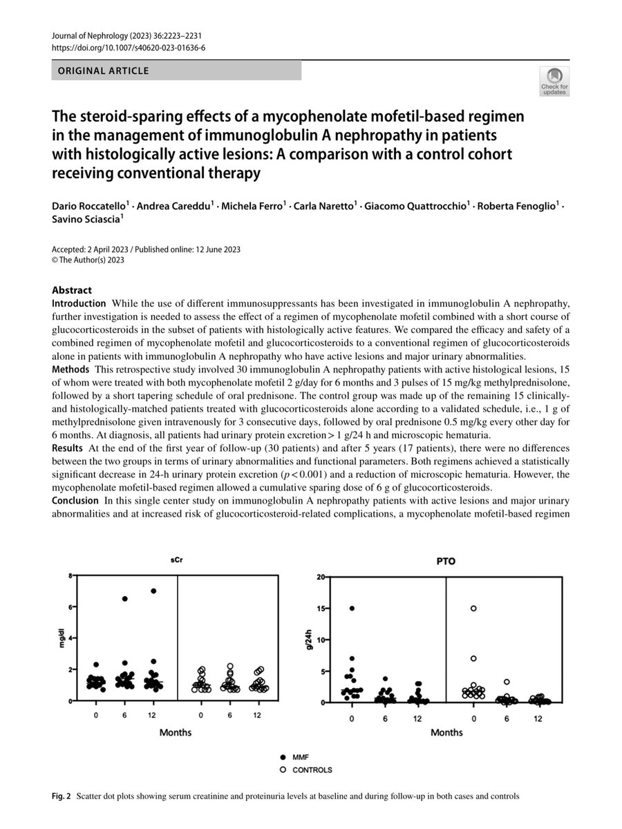 alb_giraldo's tweet photo. Several immunomodulatory agents, such as cyclosporine A, tacrolimus, and #mycophenolate mofetil (MMF), leflunomide, and rituximab have shown favorable results as #glucocorticoid (GC)-sparing agents in IgA vasculitis-associated #nephritis. However, MMF probably has the best evidence among them, with studies that support its effectiveness in both pediatric and adult patients:
◦ In children with GC-refractory or GC-dependent IgA vasculitis-associated nephritis, two small case series showed MMF induced remission and prevented flares.
◦ In adults, retrospective studies demonstrated that MMF combined with low-dose prednisone or glucocorticoids achieved good remission rates, significantly reduced proteinuria, lowered relapse rates, and had fewer adverse effects compared to high-dose glucocorticoids alone or renin-angiotensin-aldosterone system inhibitors alone.
◦ A meta-analysis in IgA nephropathy and a randomized trial in progressive IgA nephritis further showed higher remission rates and reduced risk of renal progression with MMF.
◦ A recent meta-analysis (675 patients) found MMF + glucocorticoids superior to cyclophosphamide + glucocorticoids in childhood IgAV nephritis, with higher complete remission rates and better safety at 6 and 12 months.
These data indicate that MMF can be considered an effective glucocorticoid-sparing agent for IgA vasculitis-associated nephritis, although long-term studies are still needed.