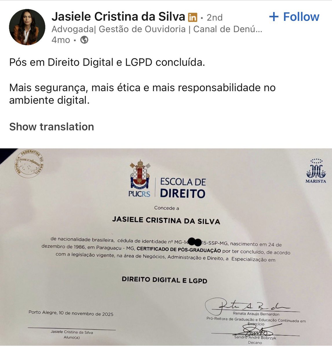 Documentos oficiais da OAB mostram que Jasiele Cristina da Silva, noiva de Marcelo Ivo Carvalho, integra, como membro efetivo, a Comissão de Direito Processual Penal da subseção de Campinas para o triênio 2025–2027. Ela atua na área penal, ao mesmo tempo em que ocupa cargo
