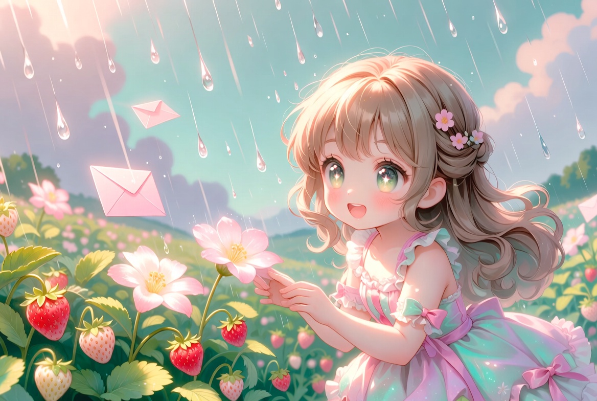 oaesx's tweet photo. 雨が届ける花への手紙の物語🌧️

ぽつぽつ雨が空から届く手紙💌
花びらふるえてそっと読む🌸

しとしと音が畑にひびく🌿
やがて小さな実が生まれる🍓

手紙は季節をつないでいく🌱
いのちがめぐるやさしい循環✨

#穀雨の物語 #雨の手紙 #自然の循環 https://t.co/QmztWENQ7m