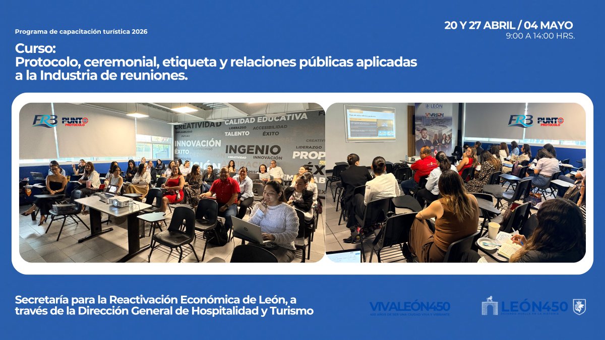 FelipeReyes_B's tweet photo. Hoy tocó compartir la 1.ª de 3 sesiones del curso de Protocolo, ceremonial, etiqueta y RRPP aplicadas a la industria de reuniones, como parte del programa de capacitación turística impulsado por  @turismo_leon, en colaboración con AMIRE Guanajuato. https://t.co/FW6QqfEsPy
