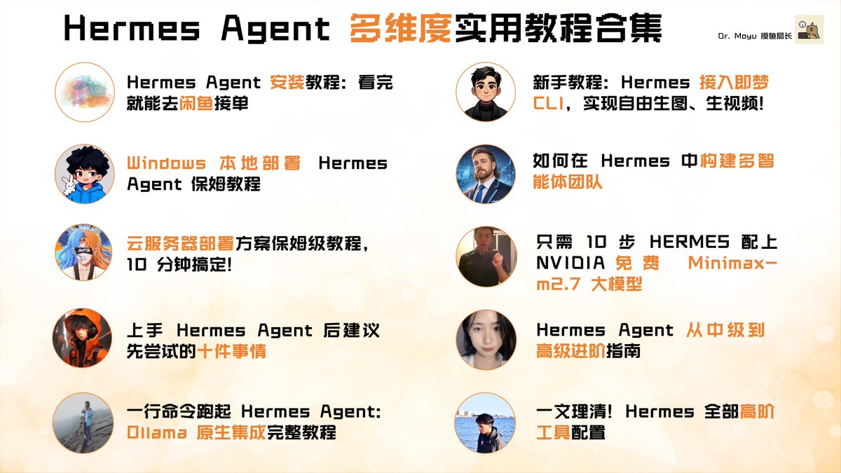 Hermes Agent 多维度实用教程合集，建议收藏

目前  X  上关于 Hermes Agent 教程比较分散，我从中精选了 10 篇热度较高的实用教程
这些教程覆盖 Windows 本地部署、云服务器方案、多智能体团队构建、免费模型配置、中高阶玩法等，能帮大家节省不少翻找资料的时间

1. Hermes Agent