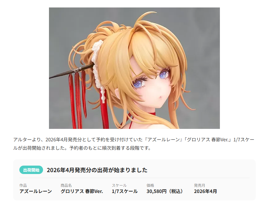 本日出荷しました。 アルター『アズールレーン』「グロリアス 春節Ver