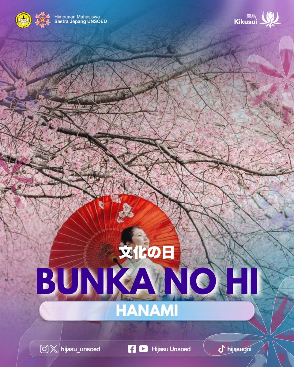 hijasu_unsoed's tweet photo. 🌸 [ BUNKA NO HI : HANAMI ] 🌸

Ada yang pernah dengar tentang hanami nggak sih? 👀✨

Kalau kalian lagi hanami, kira-kira mau piknik sama siapa nih? 🤔💖
Jangan lupa share jawaban kalian yaa, minna~! ✨

#HijasuKakkoi
#Hijasu2026
#BunkaNoHi
#HijasuKikusui https://t.co/9Cg4uqd6vl