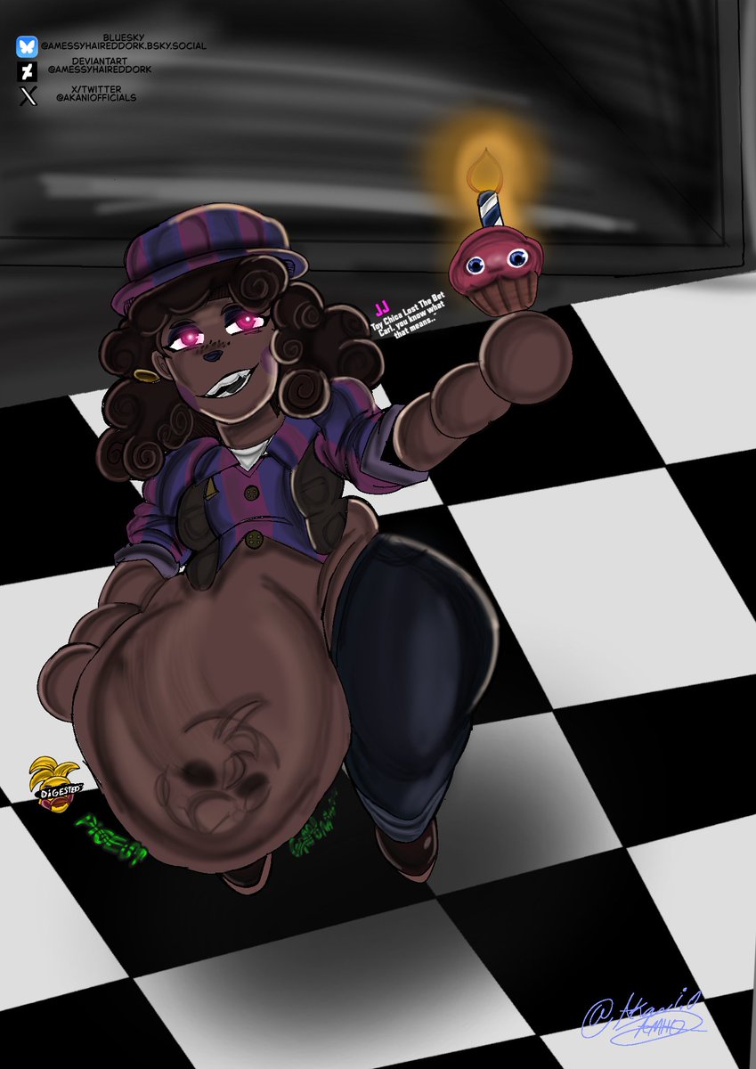 akaniofficials's tweet photo. Uh Oh, it looks like Carl's Luck might've finally ran out. Oh well, he had a good Two year Steak of not getting eaten, only to soon be Broken By JJ. Stupid chicken slut shouldn't have lost her own bet.
#vore #FNAF #Fnaf2 #Fnaf_vore #Belly #Digested_Prey #Digestion_implied https://t.co/v16ZGEeIQ7
