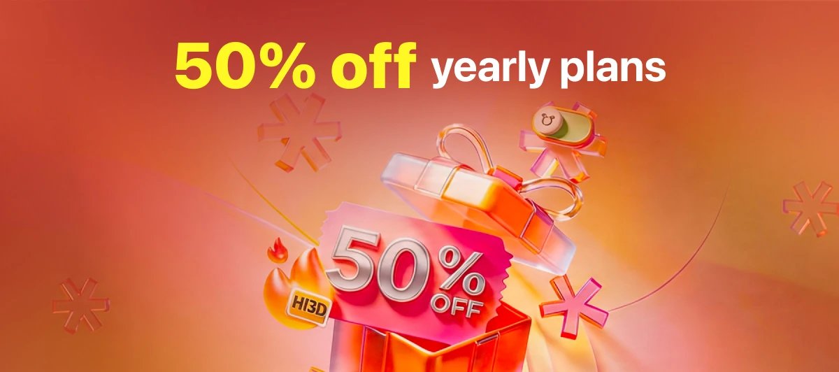 Hitem3D's tweet image. 🔥Hi3D 50% off yearly plans！

⏰2026.04.17 – 2026.05.07

• Limited time: 50% off yearly plans — 20 days only
• Bonus: 1 extra month of credits from the new plan
• Upgrade takes effect instantly — no cancellation needed

#hi3d #hitem3d #3dmodeling #ai3d #3dprinting