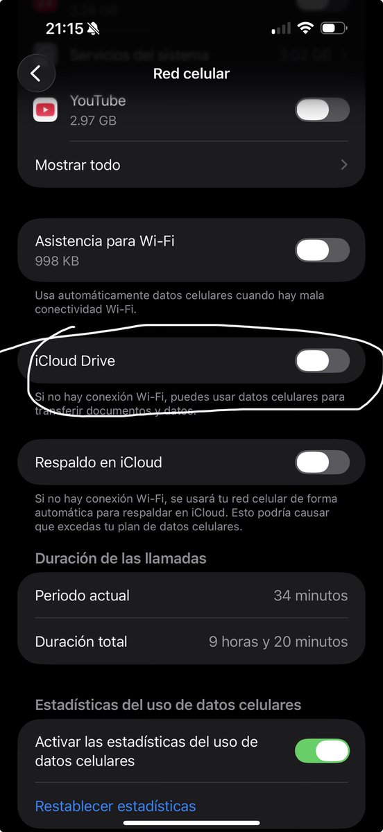 zidaco's tweet photo. @ZazilCarreras A mi me pasó y tuve que desactivar iCloud Drive y con eso dejé de acabarme los datos 8 años con plan me paso 1 mes que me acabe mis datos y después de desactivar eso ya normal https://t.co/fSoIzqXvUO