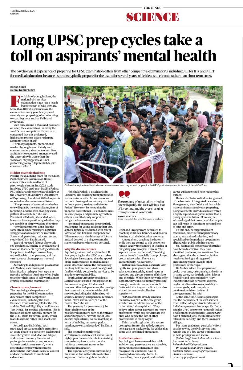 ThakurrRohan's tweet photo. UPSC dreams carry hidden psychological costs—our science feature explores stress, uncertainty, identity, and lived realities of aspirants. #CivilServicesDay
#सिविलसेवा @upsc_unofficial @cse_aspirantss @upsciq @StudyIQIAS https://t.co/HQsbP1Brt0